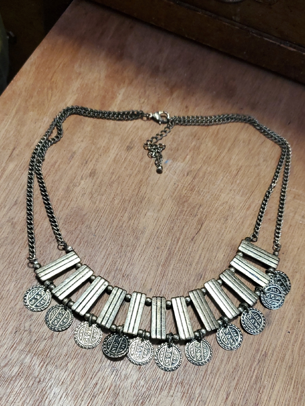 Antique Gold-Tone Coin Pendant Statement Necklace D